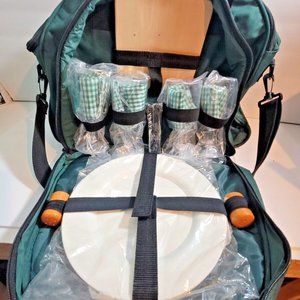 Backpack Picnic Tote Hunter Green Canvas Complete Set for 4 New Unused